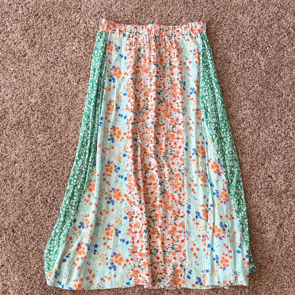 Umgee Mint Floral Panel Midi Skirt with Green Side Panels